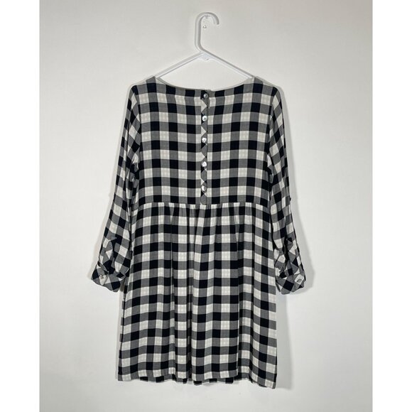 J. Jill Gingham Double Cloth Dress Roll Tab Sleeve Button Back Black & White - Picture 7 of 16